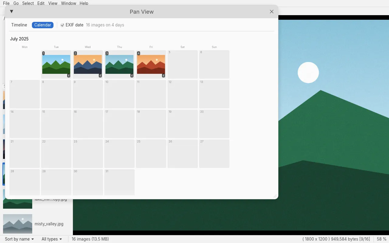 The Pan view as a calendar, each day with its first image