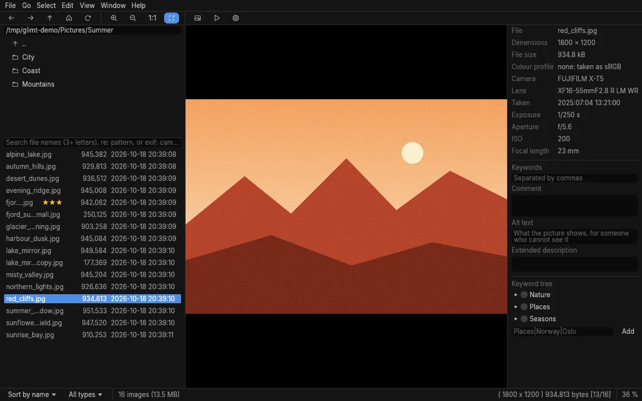 File size and date columns, and the EXIF panel