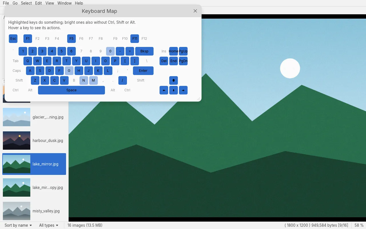 Help → Keyboard Map: every key on the keyboard