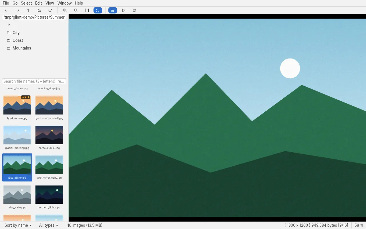 Glimt in its light theme, the file list as icons