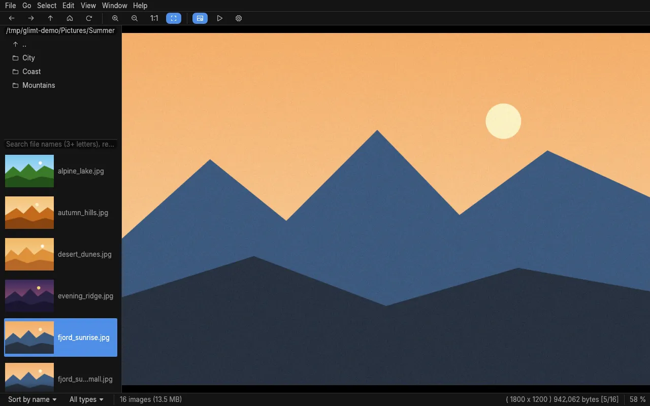 Glimt with thumbnails in the file list and a photo